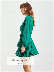 Tia Dress in Green - Women Spring A-line Tie Dye Dress O Neck Puff Sleeve Casual