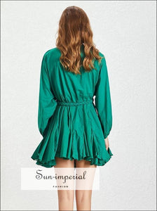 Tia Dress in Green - Women Spring A-line Tie Dye Dress O Neck Puff Sleeve Casual