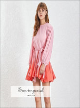 Tia Dress in Pink - Women Spring A-line Tie Dye Dress O Neck Puff Sleeve Casual