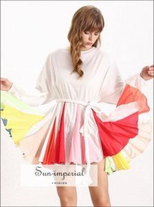 Tia Dress in Rainbow White - Women Spring A-line Tie Dye Dress O Neck Puff Sleeve Casual