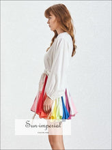 Tia Dress in Rainbow White - Women Spring A-line Tie Dye Dress O Neck Puff Sleeve Casual