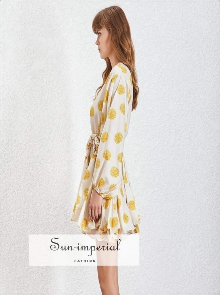 Tia Dress in Sunrise -vintage White Dress with Yellow Floral Print Dress Long Sleeve O Neck High