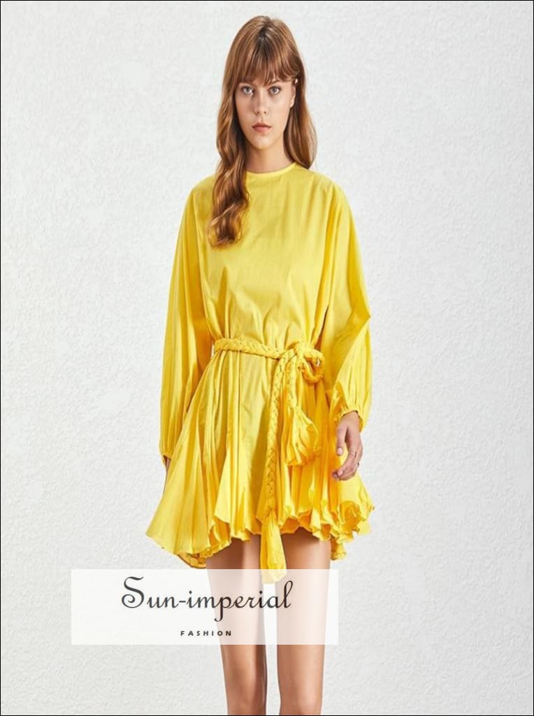 Tia Dress in Yellow - Women Spring A-line Tie Dye Dress O Neck Puff Sleeve Casual