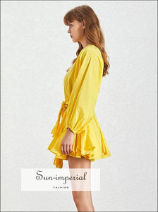 Tia Dress in Yellow - Women Spring A-line Tie Dye Dress O Neck Puff Sleeve Casual