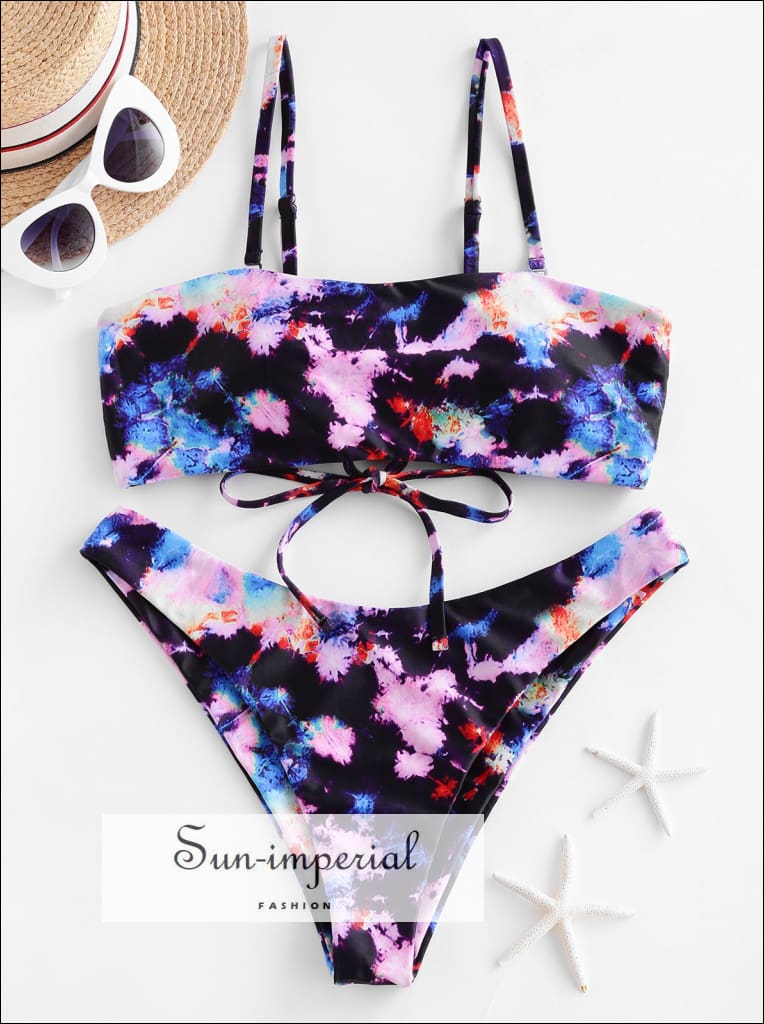 Tie Dye Lace up Bikini Swimsuit Bikini Sets High Cut