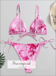 Tie Dye String Bikini Swimsuit - Hot Pink