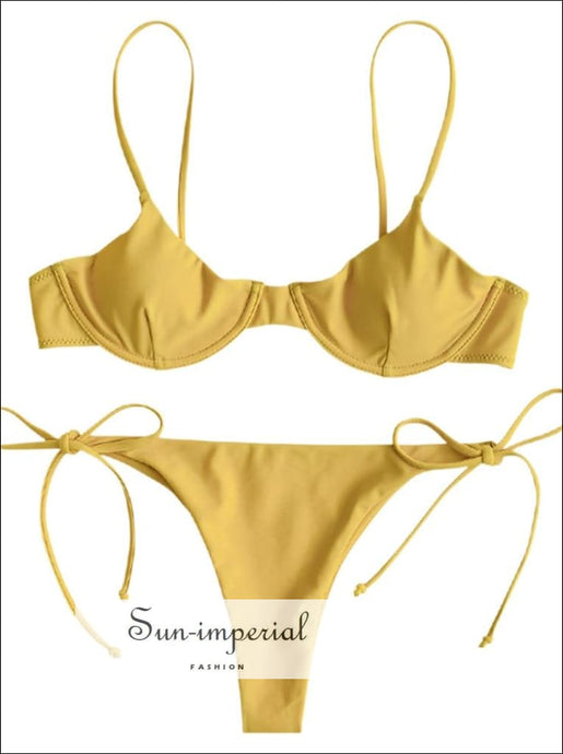 Tie Underwire Balconette Bikini Set - Mustard