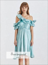 Tiffany Dress- Teal Elegant Vintage Solid Women Midi Dress One Shoulder Sleeveless Ruffles Midi