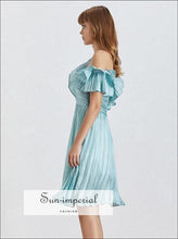 Tiffany Dress- Teal Elegant Vintage Solid Women Midi Dress One Shoulder Sleeveless Ruffles Midi