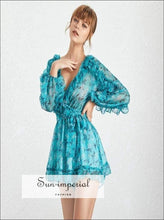 Tiffany Jumpsuit - Casual Print Women V Neck Long Sleeve High Waist Ruffles Loose Print, Waist, Sleeve, Vintage, SUN-IMPERIAL United States