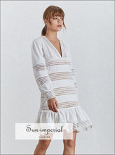 Toulon Dress -white V Neck Women Lantern Sleeve High Waist Lace Mini v, Sleeve, Neck, vintage SUN-IMPERIAL United States