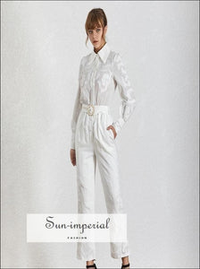 Toulouse Jumpsuit - Women Solid White Belted Lapel Long Sleeve High Waist Slim Fashion Clothes, Waist, Sleeve, vintage, SUN-IMPERIAL United 