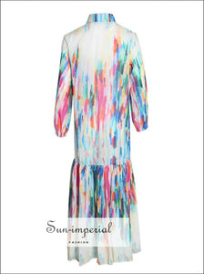 Tourcoing Dress - Hit Color Print Dress for Women Lapel Collar Long Sleeve Button Large Size Dress
