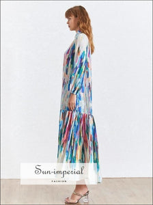 Tourcoing Dress - Hit Color Print Dress for Women Lapel Collar Long Sleeve Button Large Size Dress