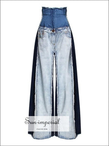 Tow Tone Women Color Block Wide Leg Denim High Waist Jeans Pants street style, unique style SUN-IMPERIAL United States