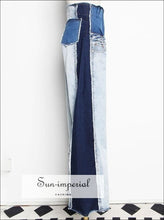 Tow Tone Women Color Block Wide Leg Denim High Waist Jeans Pants street style, unique style SUN-IMPERIAL United States