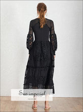 Trinity Dress- Solid Black and White Lace Maxi Dress V Neck Lantern Sleeve a Line Dress