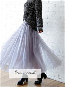 Tulle Mesh Skirts Long Maxi Skirt Elastic High Waist Pleated Tutu Skirt Black Gray White