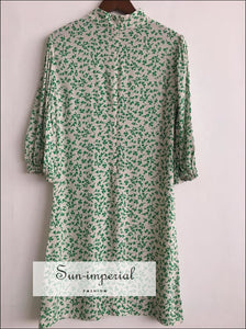 Turtleneck White with Green Floral Print Puff Half Sleeve Mini Dress SUN-IMPERIAL United States