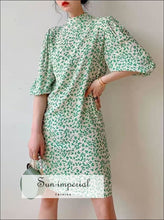 Turtleneck White with Green Floral Print Puff Half Sleeve Mini Dress SUN-IMPERIAL United States