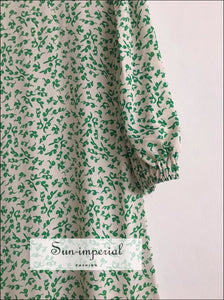 Turtleneck White with Green Floral Print Puff Half Sleeve Mini Dress SUN-IMPERIAL United States