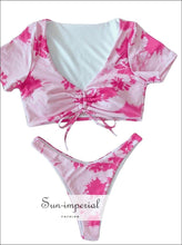 Twist front V Neck Swim Sky Print Bikini Set - Pink