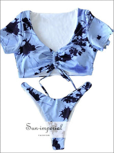 Twist front V Neck Swim Sky Print Bikini Set