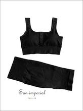 Two-piece Black Ribbed Button Cropped Sport top and High Waist Slimming Short Leggings Set ACTIVE WEAR, activewear, basic style, sporty 
