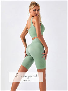 Two-piece Black Ribbed Button Cropped Sport top and High Waist Slimming Short Leggings Set ACTIVE WEAR, activewear, basic style, sporty 