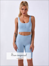 Two-piece Green Ribbed Button Cropped Sport top and High Waist Slimming Short Leggings Set ACTIVE WEAR, activewear, basic style, sporty 