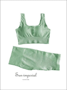Two-piece Green Ribbed Button Cropped Sport top and High Waist Slimming Short Leggings Set ACTIVE WEAR, activewear, basic style, sporty 