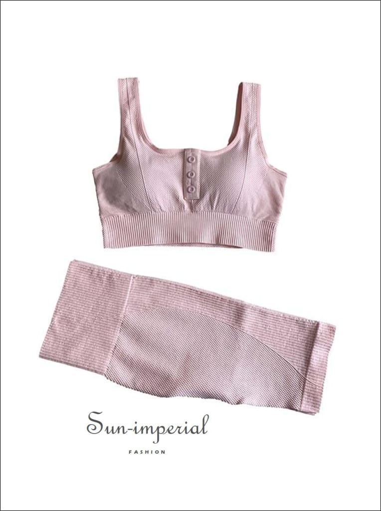 Two-piece Pink Ribbed Button Cropped Sport top and High Waist Slimming Short Leggings Set ACTIVE WEAR, activewear, basic style, sporty style