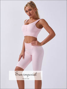 Two-piece Pink Ribbed Button Cropped Sport top and High Waist Slimming Short Leggings Set ACTIVE WEAR, activewear, basic style, sporty style