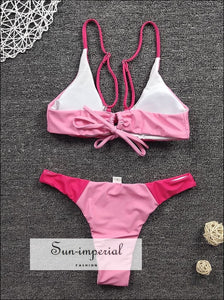 Two Tone Hot Pink Patchwork Keyhole Padded Bikini Set with Brazilian Cut bottom