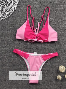 Two Tone Hot Pink Patchwork Keyhole Padded Bikini Set with Brazilian Cut bottom