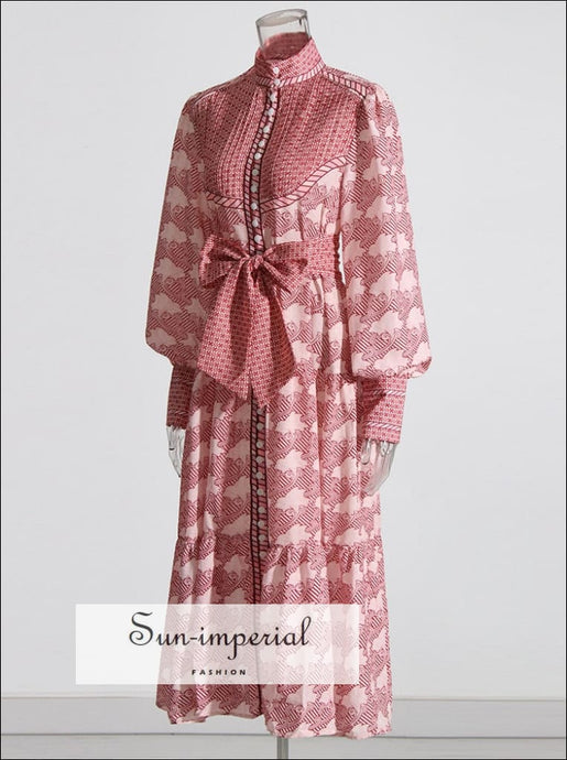 Vintage Geo Print Women Maxi Dress Bow Tie Puff Long Sleeve High Waist Sun-Imperial United States
