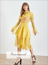 Utah Dress- Vintage White and Yellow Sheer Women Dress Flare Long Sleeve A-line Asymmetrical Midi