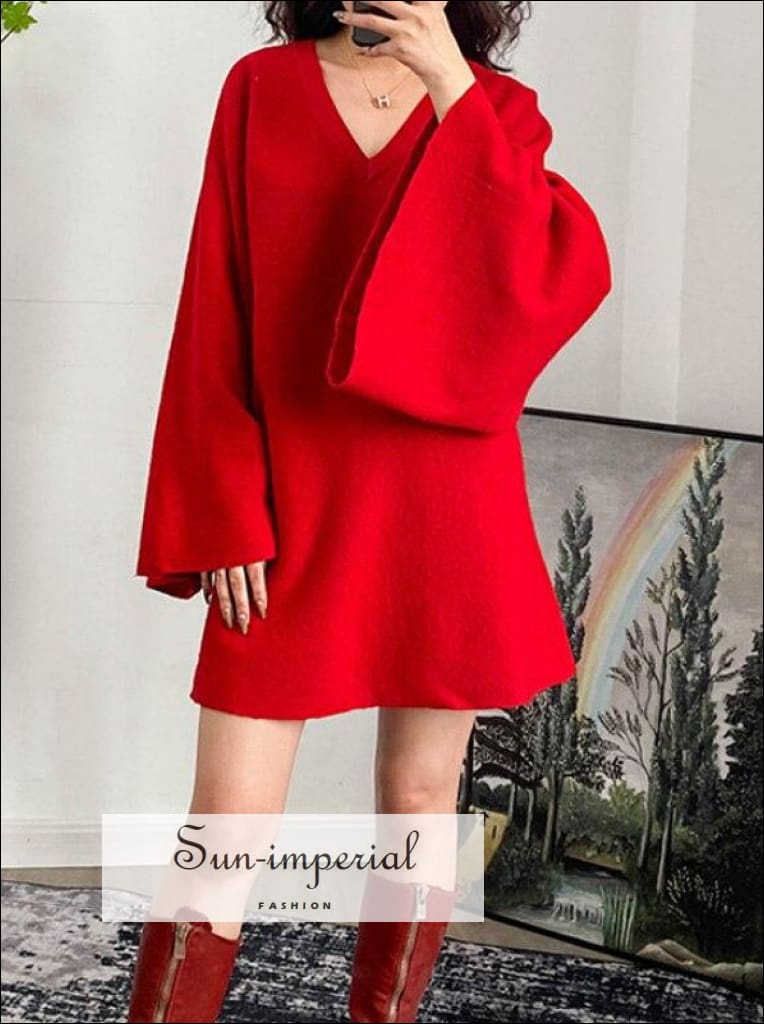 Women Red V-neck Knitted Long Bell Sleeve Mini Dress bohemian style, boho harajuku Preppy Style Clothes, relaxed fit dress SUN-IMPERIAL 