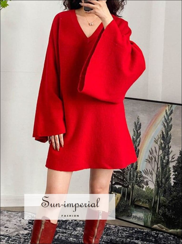 Sun-imperial - women red v-neck knitted long bell sleeve mini dress M Sun-imperial - women red v-neck knitted long bell sleeve mini dress M