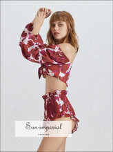 Sun-Imperial Valence Shorts Set in Red- Floral Tropical Print Women Two Piece Set Slash Neck Lantern Sleeve Crop