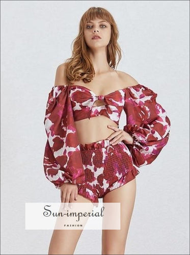 Sun-Imperial Valence Shorts Set in Red- Floral Tropical Print Women Two Piece Set Slash Neck Lantern Sleeve Crop