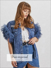 Valerie Denim Jacket - Mesh Patchwork Women Jacket Lapel Sleeveless Button over Size Denim Coat