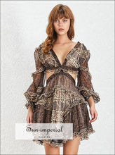 Vanessa Dress -vintage a Line Animal Print Mini Dress for Women V Neck Lantern Sleeve Cut off Waist