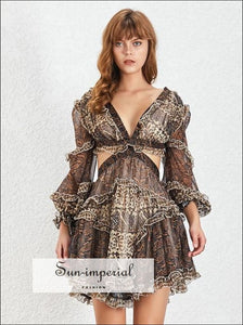 Vanessa Dress -vintage a Line Animal Print Mini Dress for Women V Neck Lantern Sleeve Cut off Waist