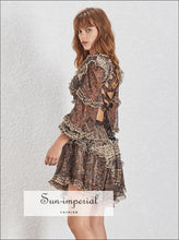 Vanessa Dress -vintage a Line Animal Print Mini Dress for Women V Neck Lantern Sleeve Cut off Waist
