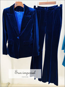 Women Navy Blue Velvet Long Sleeve Blazer And Bell Pants Set Two Piece Ladies Sun-Imperial United States
