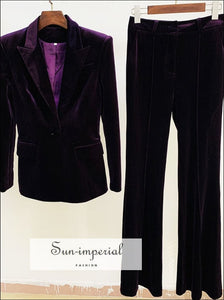 Women Navy Blue Velvet Long Sleeve Blazer And Bell Pants Set Two Piece Ladies Sun-Imperial United States