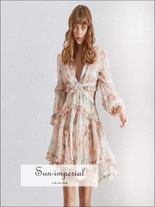 Sun-imperial - veronica dress - summer lace print women dress v neck lantern sleeve high waist print / L Sun-imperial - veronica dress - summer lace print women dress v neck lantern sleeve high waist print / L