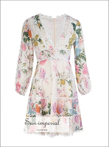 Vichy Dress- Vintage Floral Print Mini Dress V Neck Lantern Long Sleeve High Waist Lace Sleeve, Patchwork Dresses, Women Dress, Neck, 