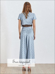 Sun-Imperial Vienna Two Piece Pants Set - Lace Polka Dot Print Women Two Piece Set V Neck Short Bow Knot Crop top